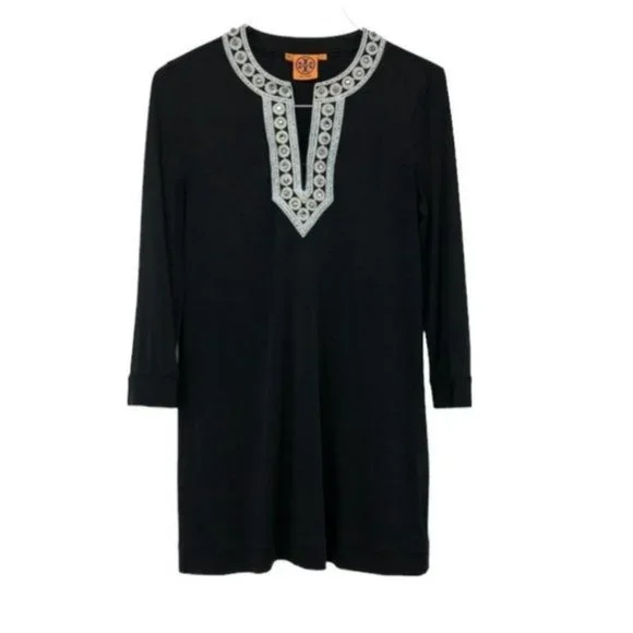 Tory Burch Black silk tunic long sleeve dress embroidered V neckline SP